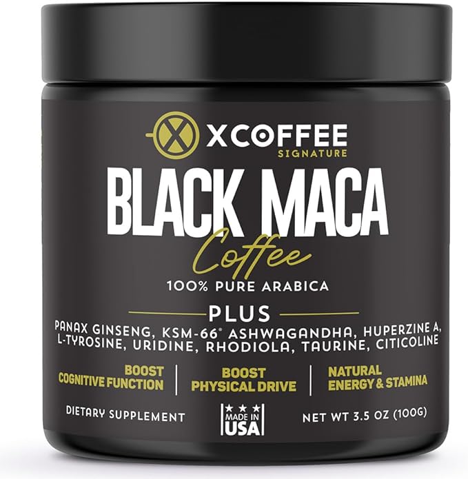 X COFFEE Instant Black Maca Coffee for Men and Women – Maca Coffee Powder - Instant Coffee Blend with Maca Root, Ashwagandha, Ginseng, Huperzine A, Rhodiola, Taurine, Uridine, Citicoline & L-Tyrosine