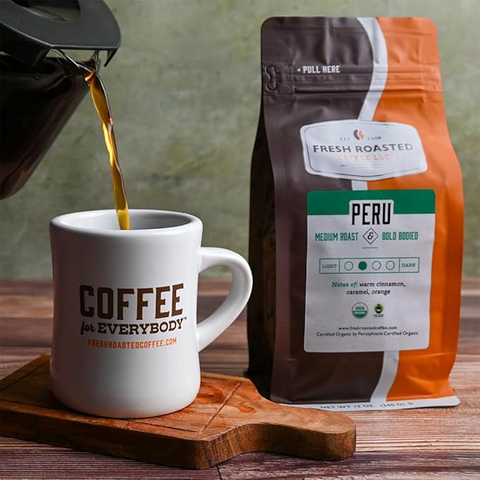 Fresh Roasted Coffee, Organic Peru | Mold & Myco 3rd Party Tested, USDA Organic, Kosher | Med Roast 12 oz Ground