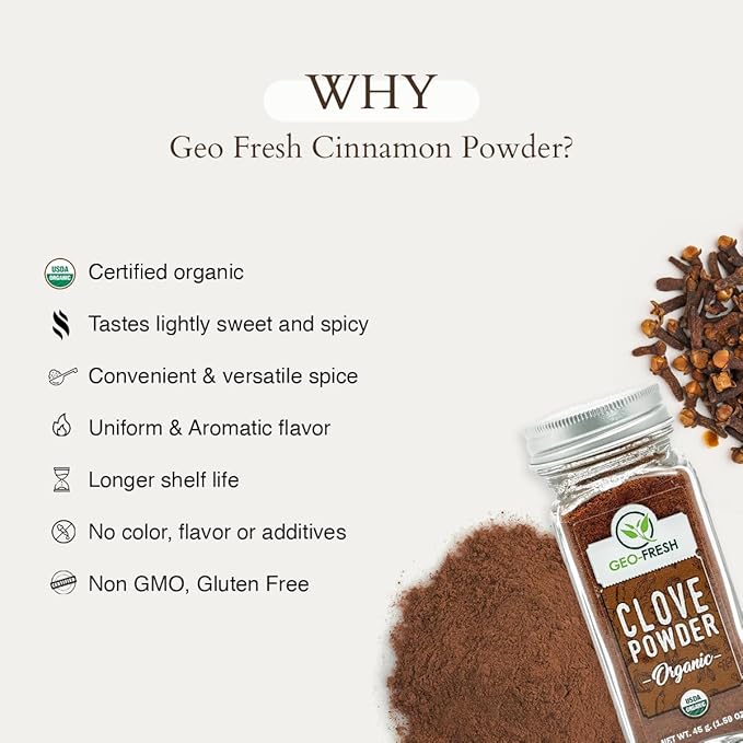 Geo-Fresh Organic Clove Powder ??1.59 oz Glass Jar ??Ground Cloves ??USDA Certified, Non-GMO, Kosher, Gluten-Free ??Premium Organic Cloves Powder for Cooking & Baking