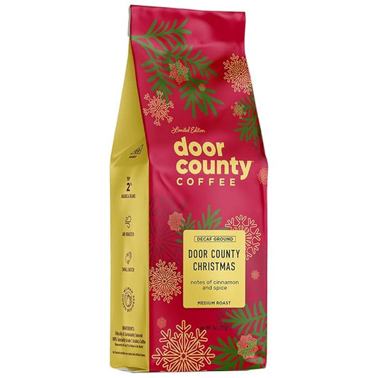 Door County Coffee Door County Christmas DECAF Flavored Coffee Ground - 8 oz Bag - Holiday Seasonal - Medium Roast - 100% Specialty Arabica - Cinnamon & Spice Flavor