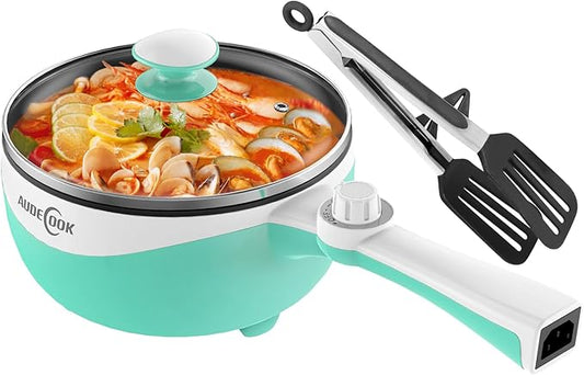 Audecook Hot Pot Electric, 1.7L Mini Electric Skillet Portable Nonstick Saut챕 Pan with Power Adjustment,Ramen Cooker Travel Multicooker for Steak/Soup/Egg/Oatmeal/Noodles