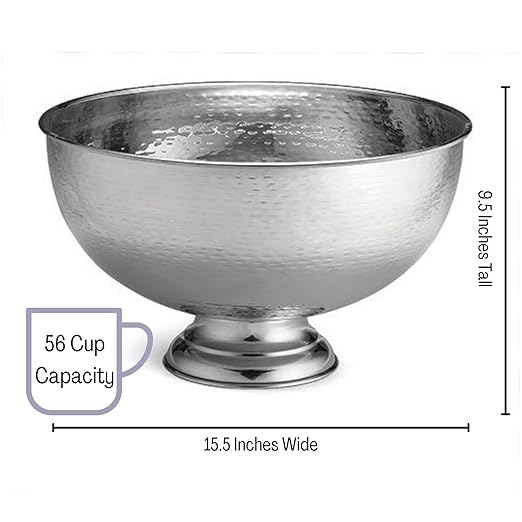 TableCraft RPB1513 Hammered Pedestal Punch Bowl, Large Silver Stainless Steel, 54 Cup Capacity, 3.4 Gallon, Ideal for Serving Hot and Cold Drinks, Champagne, Cocktails, Sangria, Juice, Elegant Design