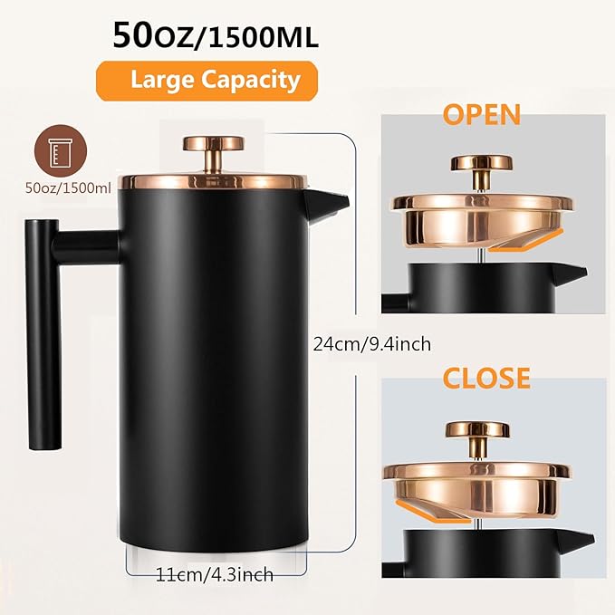 Stainless Steel French Press Coffee Maker 1500ml, Black Double-Wall Insulated Large French Coffee Press for travel camping,Large Capacity ç«?0oz, Blackç«?,<div>