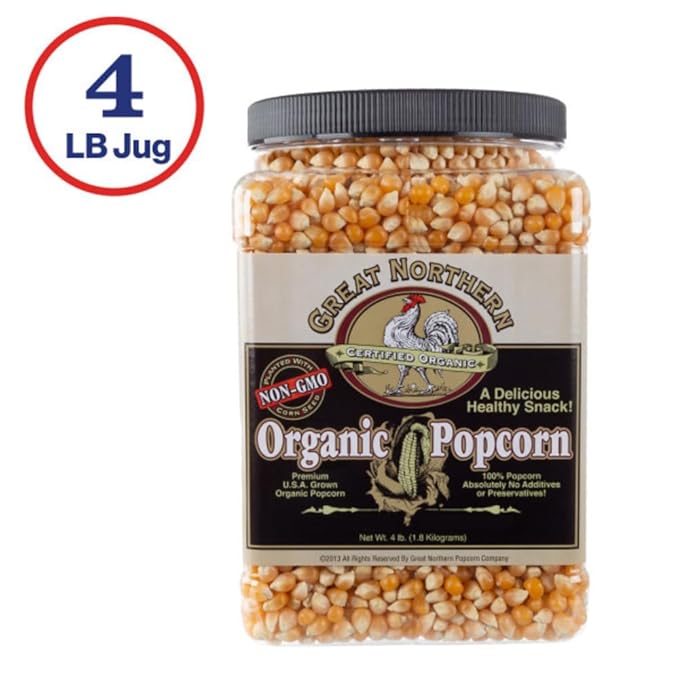Organic Popcorn Kernels - 4lb Resealable Bulk Jug of Yellow Gourmet Popping Corn for Microwave, Stovetop, and Popper Machine by Great Northern Popcorn