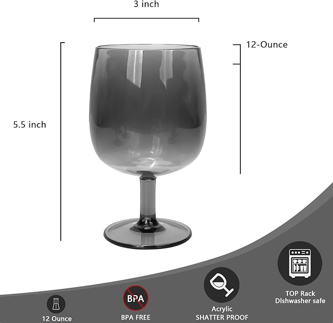 Yalin Set of 6 Unbreakable 12 oz Acrylic Plastic Wine and Water Tumbler Stackable Goblets. (Gray, 12 oz)