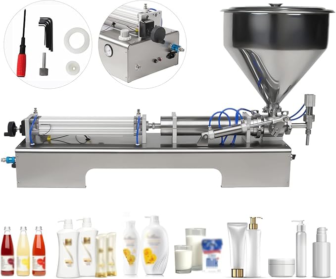 110V Horizontal Pneumatic Paste Filling Machine, 40L Semi-Automatic Paste Liquid Filling Machine with 40L Hopper, Pneumatic Dual-Use Paste Filling Machine for Cream Shampoo Liquids