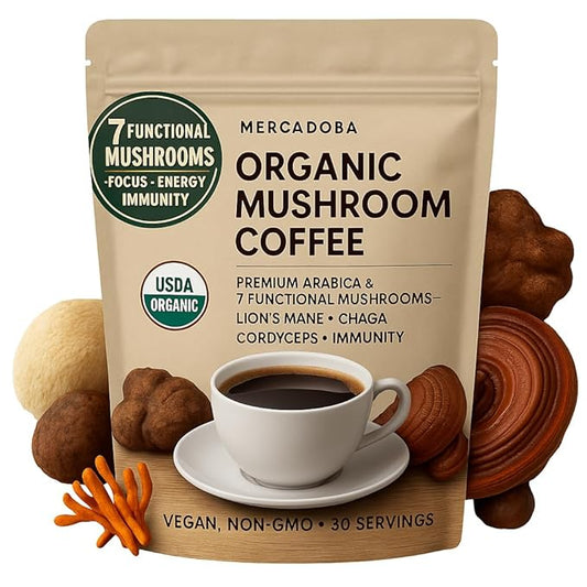 Organic Mushroom Instant Coffee – Premium Arabica & 7 Functional Mushrooms – Lion’s Mane, Chaga, Cordyceps – Focus, Energy, Immunity – USDA Organic, Vegan, Non-GMO – 30 Servings