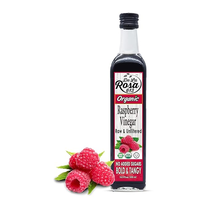 De La Rosa Organic Raspberry Vinegar, Raw & Unfiltered Pure Vinegar, Vegan, Gluten Free & Kosher, Great for Organic Salad Dressing and Marinades, Flavored Vinegar 16.9 Oz (Pack of 1)