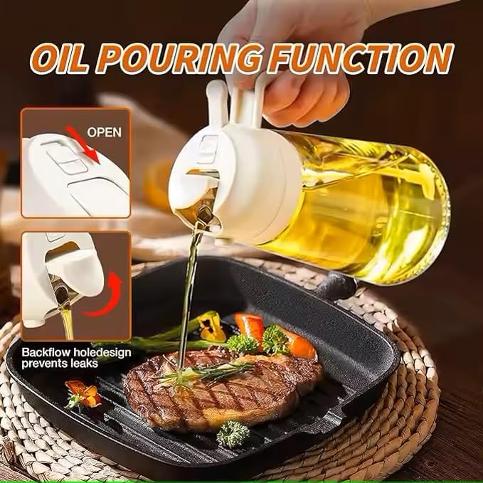 Oil Sprayer for Cooking 2 in 1, 470ml/16oz, Oil Spray & Dispenser Glass Bottle, Food-grade material for Kitchen, Salad Dressing, Frying, Air Fryer & BBQ (Creamy White)