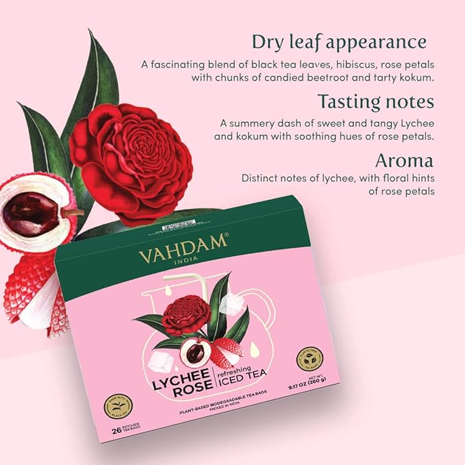 Lychee Rose Iced Tea Bags - 26 Pitcher Tea Bags | Zero Added Sugar | Makes 52 Quarts | Blended with Pure Lychee & Rose | Best for Mocktails & Cocktails | Plant-Based Biodegradable Tea Bags | VAHDAM