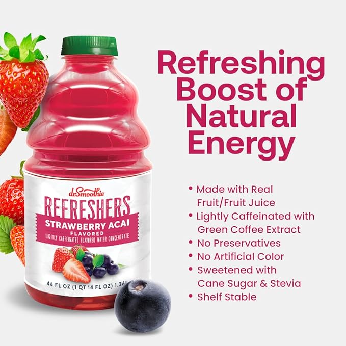 Dr. Smoothie Refreshers Strawberry Acai ??Made with Real Fruit Juice ??Drink Concentrate, No Artificial Colors, Shelf-Stable ??Lightly Caffeinated with Green Coffee Extract (46 oz Bottle)