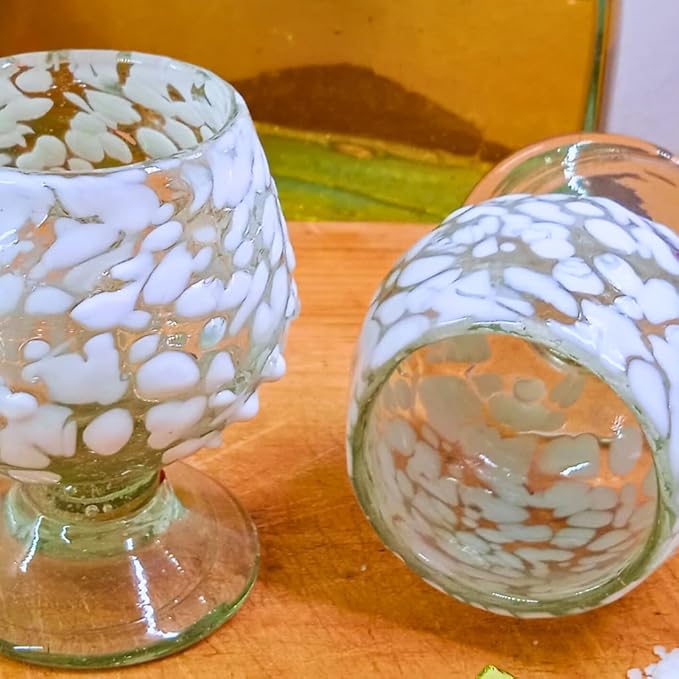 Authentic Mexican Tequila Hand Blown Shot Glasses - Set of 4-2 oz - Mini Glass Snifters - Heavy Base - Cognac (White Confetti)