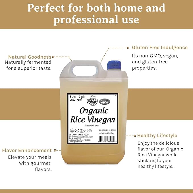 De La Rosa Organic Rice Vinegar 5% Acidity, Kosher, Rice Vinegar for Cooking, Sushi, Salad Dressings and More | Sugar-Free Rice Vinegar - 5 Liter (Pack of 1)