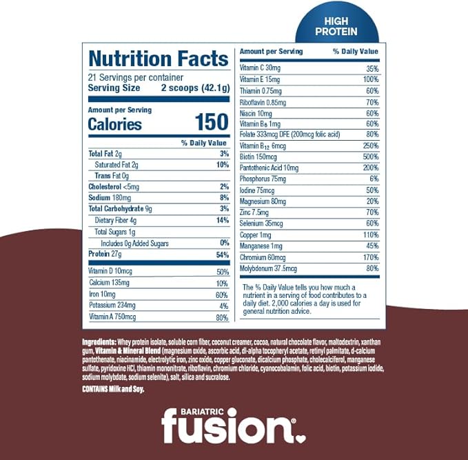Bariatric Fusion Chocolate High Protein Meal Replacement Shake | 27g Whey Isolate Bariatric Protein Powder | Lactose Free Whey Protein Powder | Gluten and Sugar Free | 21 Servings