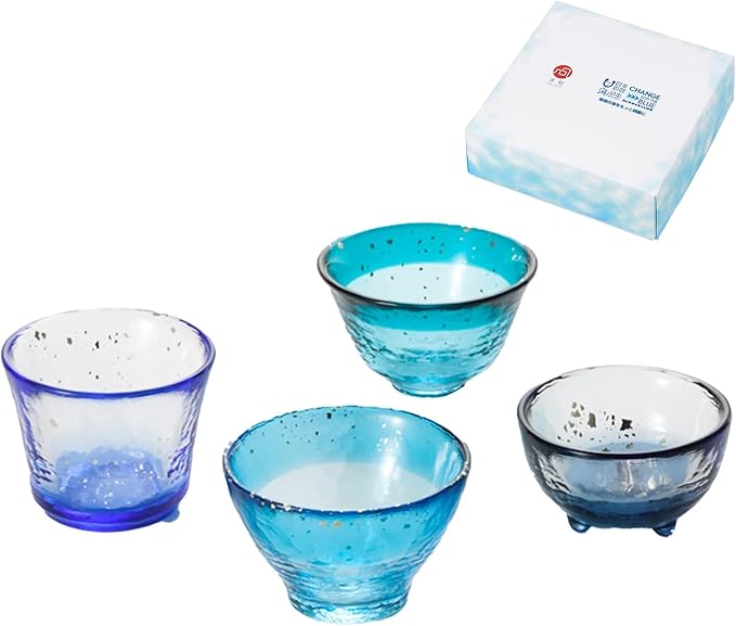 Japanese sake glass Handcrafted Mini Glass Set Elegant Japanese Sake Cups Perfect for Any Occasion Made in Japan (Four Ocean Blues (4 pcs), Sake Glass (1.7-2.9 fl oz))