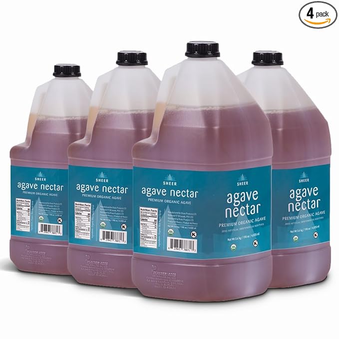 Sustainable Agave Co - Sheer - Agave Nectar - 4 x 1 Gallon Bottles (5kg each) - Raw Sweetener, Sugar-Alternative, Vegan, Non-GMO, Kosher, Gluten-Free Syrup - Bartender's Best Friend