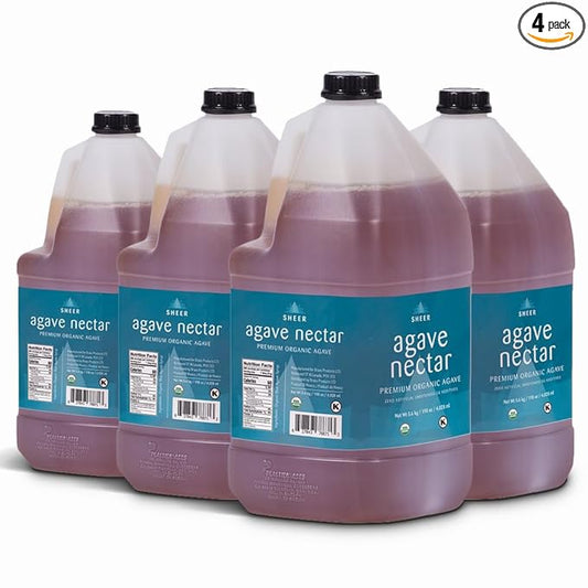 Sustainable Agave Co - Sheer - Agave Nectar - 4 x 1 Gallon Bottles (5kg each) - Raw Sweetener, Sugar-Alternative, Vegan, Non-GMO, Kosher, Gluten-Free Syrup - Bartender's Best Friend