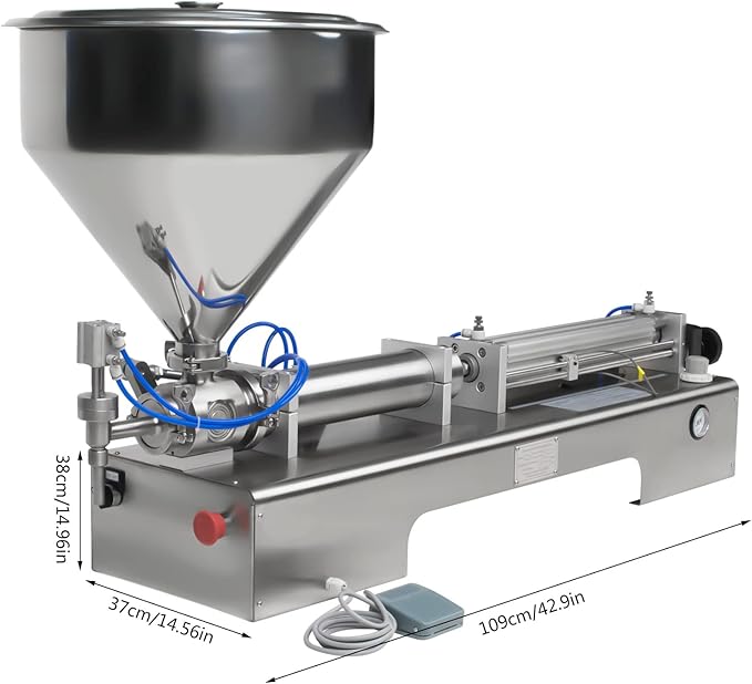 110V Horizontal Pneumatic Paste Filling Machine, 40L Semi-Automatic Paste Liquid Filling Machine with 40L Hopper, Pneumatic Dual-Use Paste Filling Machine for Cream Shampoo Liquids
