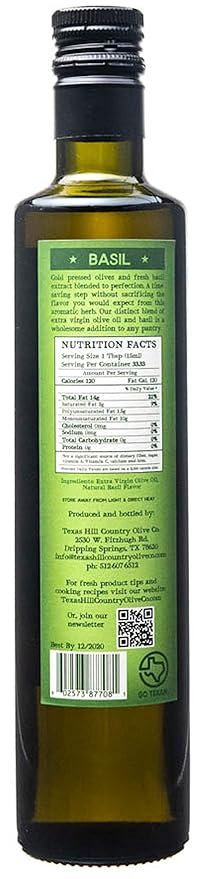 Texas Hill Country Olive Co Basil Infused Olive Oil - Cold Pressed Gourmet EVOO Olive Oil - Great for Dressing Dipping Marinade - No Artificial Flavors or Added Sugar - Made in Texas (16.9 oz, 2 Pack)