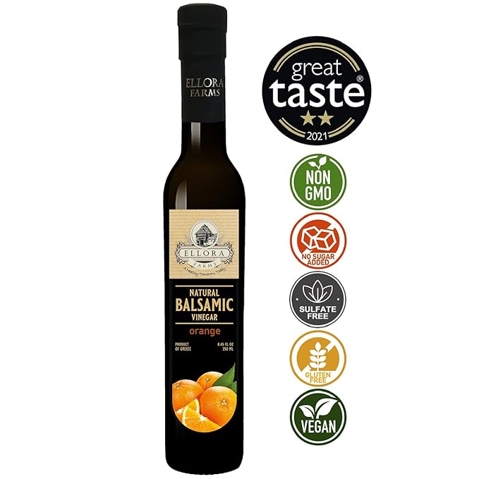 Ellora Farms, Greek Balsamic Vinegar, Orange Infused, Barrel Aged, No-added sugars, No-preservatives, Glass bottle, 8.5 oz (Orange)