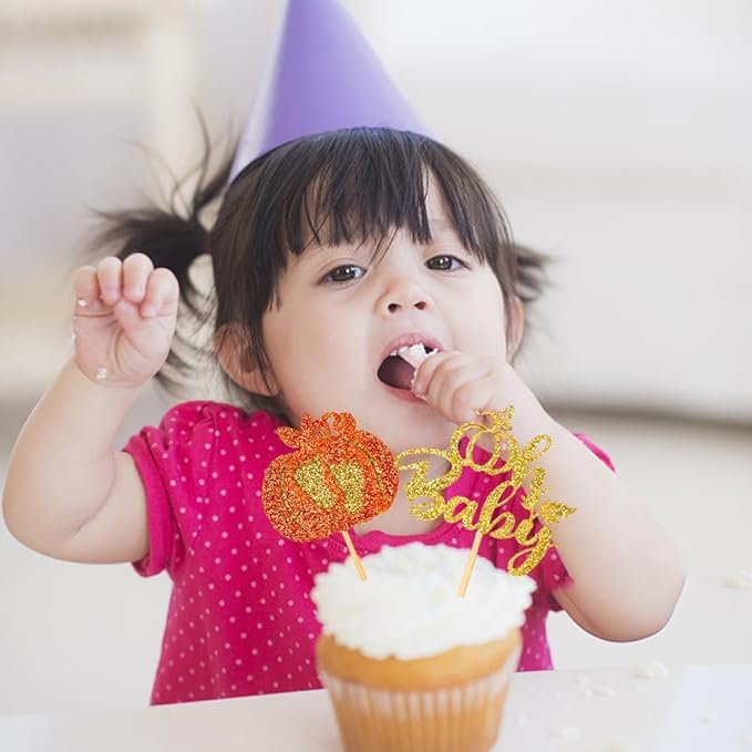 24pcs Pumpkin Cupcake Toppers Glitter Baby Cupcake Picks for Thanksgiving Themed Baby Shower Birthday Cake Decorations Party Supplies