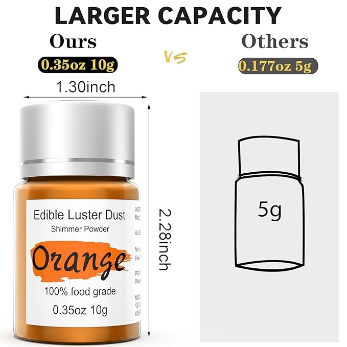 Orange Luster Dust Edible Glitter for Cakes Cocktails ??10g Colaele Edible Shimmering Dust for Chocolates, Metallic Food Coloring Powder for Cake Decorating Edible Glitter for Drinks, No Gluten,Vegan