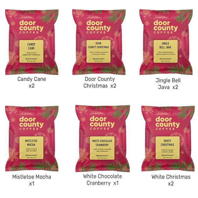 Gourmet Flavored Holiday Coffee Sampler Pack - 10 Bags of Unique Flavored Coffees ??100% Specialty Grade 1 Arabica -1.5 oz Full-Pot Bags - Roasted by Door County Coffee