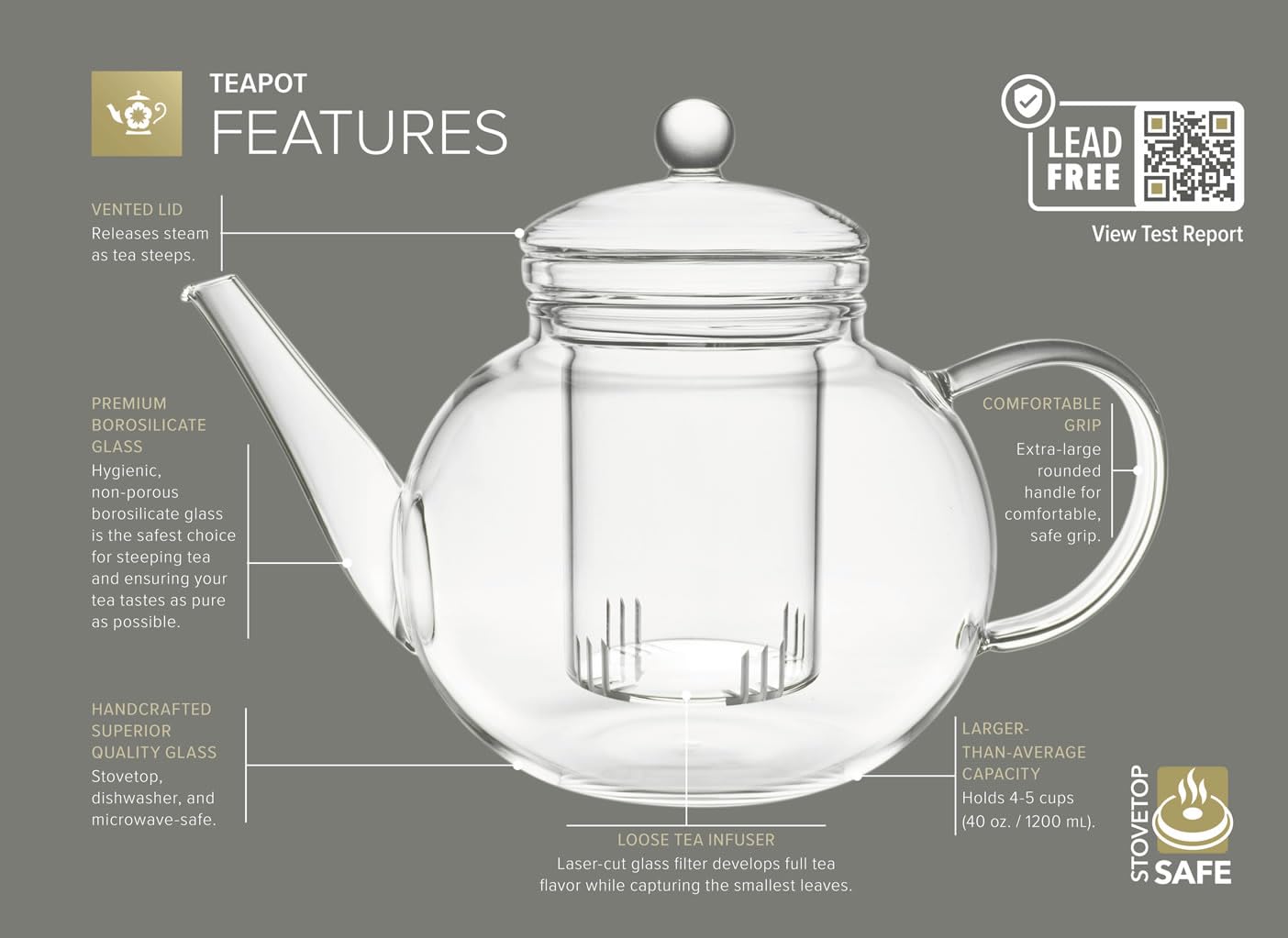 Teabloom Stovetop & Microwave Safe Glass Teapot with Removable Loose Tea Glass Infuser – Includes 2