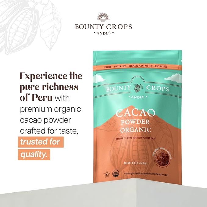 Bounty Crops Organic Cacao Powder (1.3 lb, 21 oz, 600 gr), Unsweetened Cacao with Dark Chocolate Flavor, Fruit Notes, Certified Organic, Non GMO, Gluten Free and Vegan