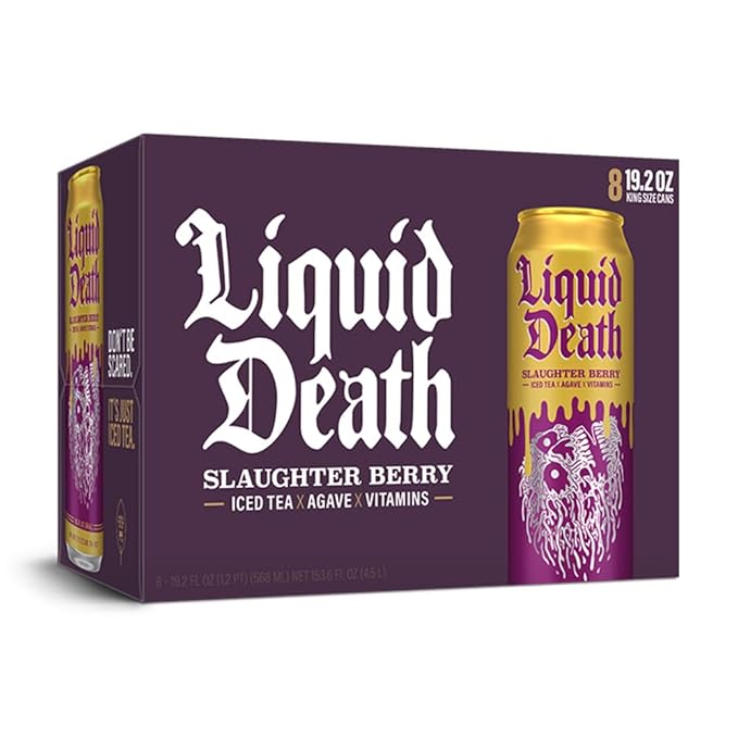 Liquid Death, Slaughter Berry Flavored Iced Tea, 8-Pack (19.2oz Cans), Raspberry Flavored Black Tea, Low Calorie, No Artificial Sweeteners, B12 & B6 Vitamins
