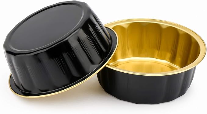 Beasea Disposable Ramekins 8oz, 100 Pack Black Gold Aluminum Foil Cups with Lids, Disposable Creme Brulee Muffin Cupcake Baking Cup Mini Pudding Cups for Party Wedding Birthday