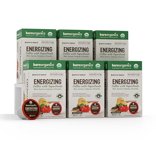 Bare Organics 14198 ENERGIZING USDA Organic Coffee Infused with Superfoods & Probiotics, Compatible Pods, Vegan, Gluten Free, 10ct (Pack of 6)