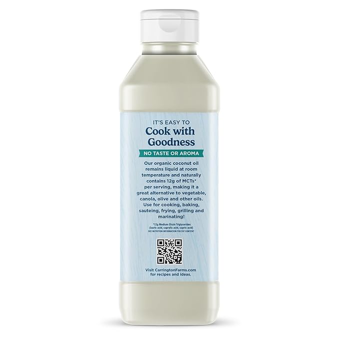 Carrington Farms Organic Liquid Coconut Cooking Oil, 16 Fl Oz ?밬nflavored, Unscented, High Smoke Point, MCT-Rich, No Trans Fat ??For Cooking, Saut챕ing, Frying & Baking ??Gluten Free, Non-GMO, Hexane Free, BPA Free Bottle