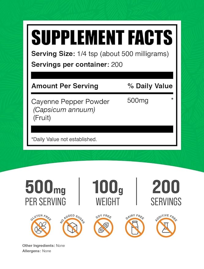BulkSupplements.com Cayenne Pepper 40000 HU Powder - Capsaicin Supplements, Cayenne Pepper Powder - Vegan & Gluten Free, 500mg per Serving, 100g (3.5 oz) (Pack of 1)