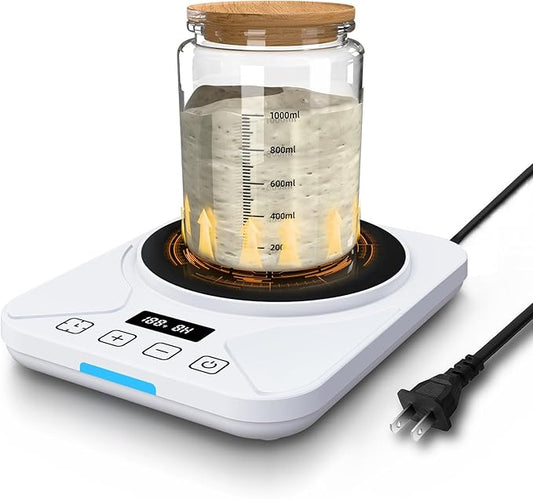 Sourdough Starter Warmer Mat - 24H Timer - Precise 1°F Thermostat Control (70-100°F) - Smart Memory Warming On/Off - Fits Jars Up to 40oz - Perfect for Home Baking (White)