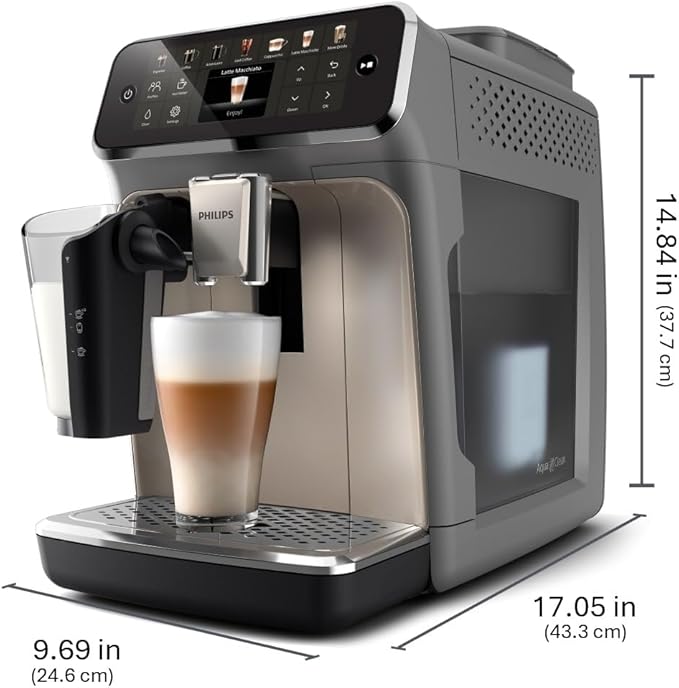 PHILIPS 4400 Series Fully Automatic Espresso Machine ??12 Hot & Iced Coffees, Quick-to-Clean LatteGo Milk System, SilentBrew, QuickStart, Ceramic Grinder, Cashmere Grey (EP4444/90)