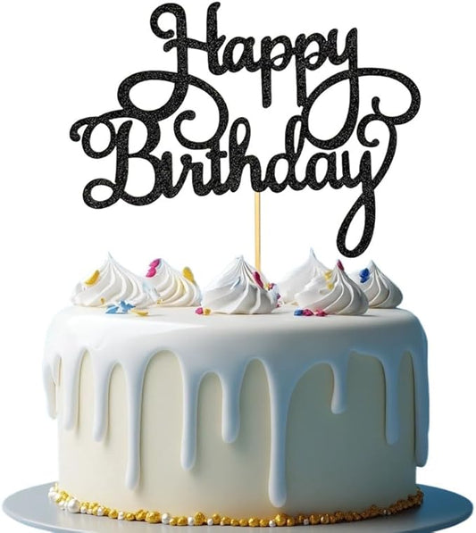 1 PCS Happy Birthday Cake Topper Glitter Black Happy Birthday Decorations for Celebrating Anniversary Party Cake Decorations