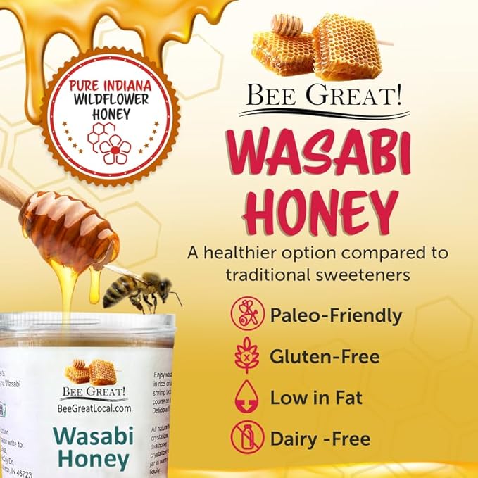 Bee Great Wasabi Hot Honey – Bold Sweet Heat with Wasabi Kick – Great with Sushi, Seafood & Salads (8 oz)