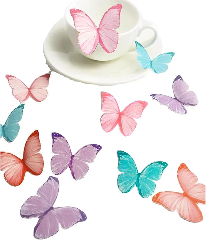 THJ 48Pcs 2" Edible Butterflies for Cake Decorations Wafer Paper Butterflies Cake Toppers for Birthday Party Wedding Anniversary Cupcake Decorating Supplies (Mix Color)