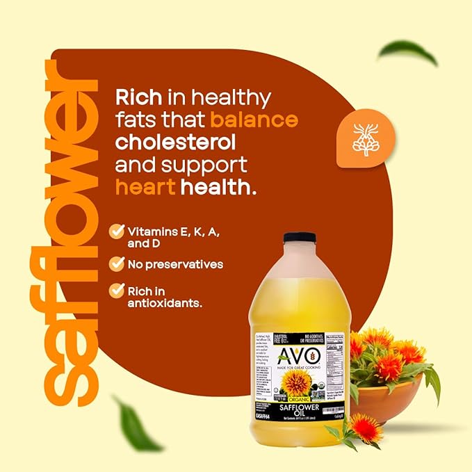 AVO Organic High Oleic Safflower Oil - Frying, Baking, Non-stick Saut챕ing, Salads, Vinaigrette, Marinades, Pan Coating, General Cooking 64 Fl-oz (Half a Gallon), No preservatives, Naturally Processed