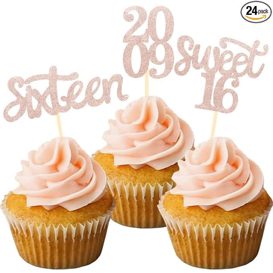 24 Pcs Sweet 16 Rose Gold Glitter Birthday Cupcake Toppers for 16th Birthday Celebrating Party Decorations (Rose gold)