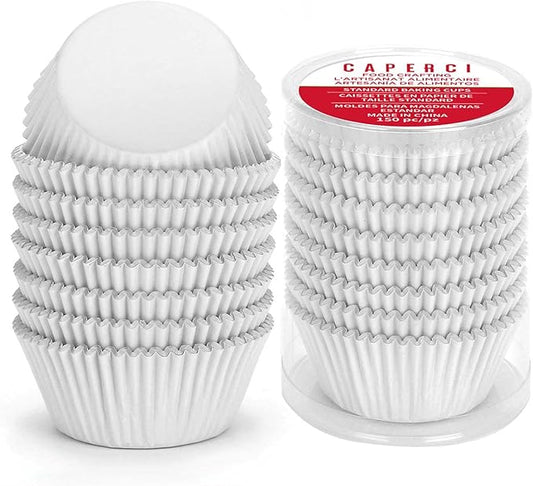 Caperci White Foil Cupcake Liners Standard Muffin Wrappers 150-Pack - Premium Greaseproof & Sturdy Cupcake Papers for Baking