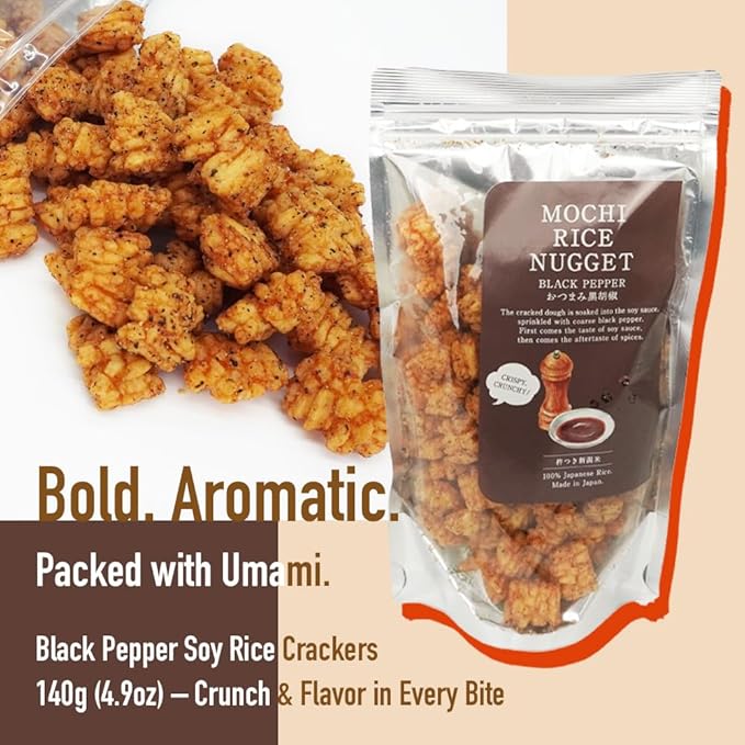 Mochi Rice Nuggets ??Black Pepper Soy Flavor, Spicy Japanese Rice Crackers, 140g (4.9oz) NON-GMO Additive-free japanese snacks Crispy rice snacks, Japanese food