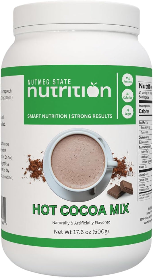 Nutmeg State Nutrition - High Protein Hot Cocoa Mix, Low Calorie Hot Chocolate Protein Drink, 15g Protein, 80 Calories, 3g Sugar, 21 Servings Per Canister, 17.6 Ounces