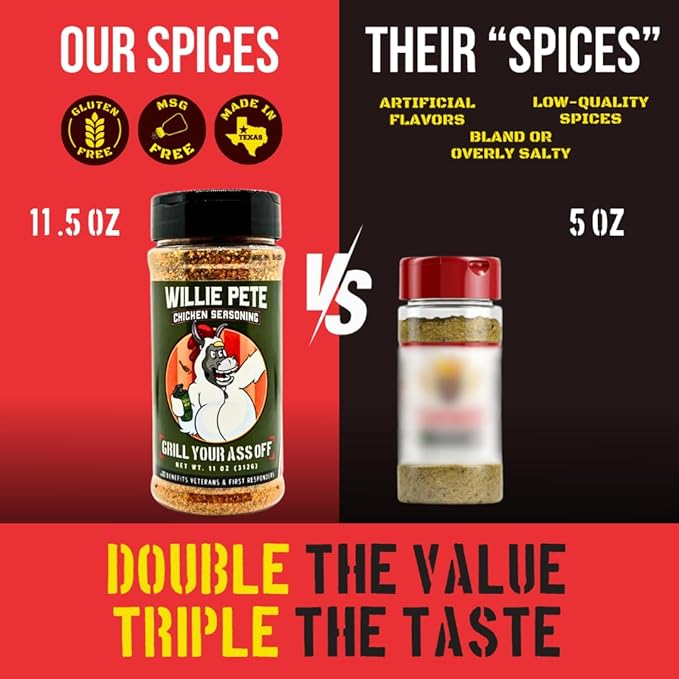 GYAO Willie Pete Chicken Seasoning – 11oz Southern Garlic Pepper Blend BBQ Seasoning for Chicken, Beef & More – MSG & Gluten Free – USA Made & Veteran Owned