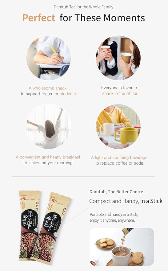Damtuh Korean Walnut Almond Adlay (Job's Tear) Powder Meal Replacement Shake – Nutty Breakfast Drink, Misugaru, 18g x 15 Sticks
