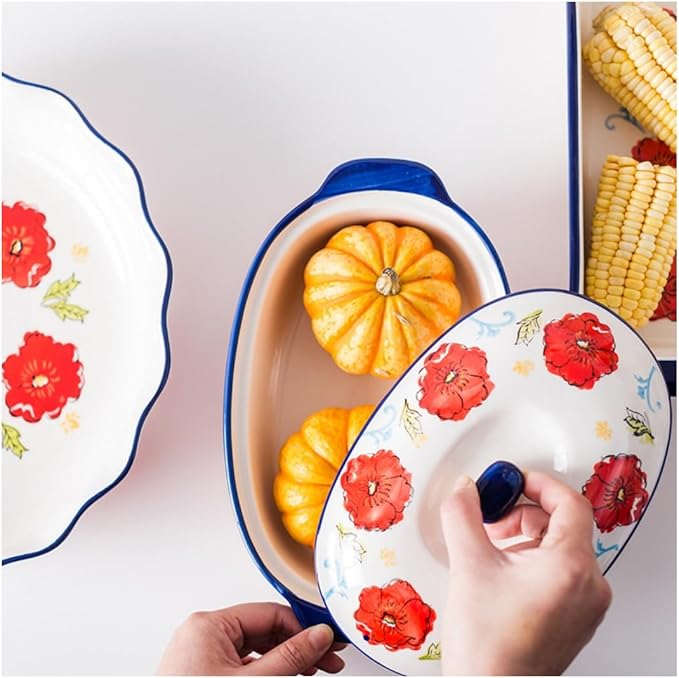 Floral Ceramic Casserole Dish with Lid,44oz Covered Rectangular Baking Dish,Deep Casserole Cookware Bakeware,Oven Safe and Dishwash Safe