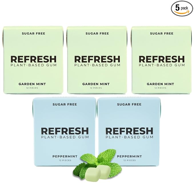 Refresh Gum, Xylitol, Sugar Free, Natural, Long Lasting Chewing Gum, Natural Flavors & Organic Ingredients, Plastic Free, Non GMO, Gluten Free, Vegan, Peppermint & Garden Mint) 5 Pack