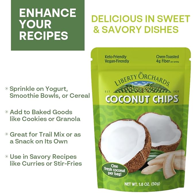 Liberty Orchard Organic Dried Coconut - Oven Toasted Coconut Chips for Healthy Digestion & Preservatives - Delicious Healthy Snack Ideal for Vegan and Keto Diets - One Fresh Coconut per 1.8oz Bag