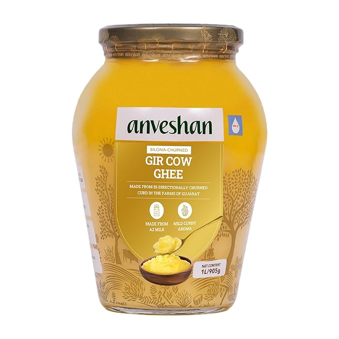Anveshan A2 Gir Cow Desi Ghee Clarified Butter 33 Fl. Oz/1000mL | Grass-Fed | Pasture-Raised | Traditional Curd-Churned Bilona Method| Ayurveda Superfood | Rich Aroma